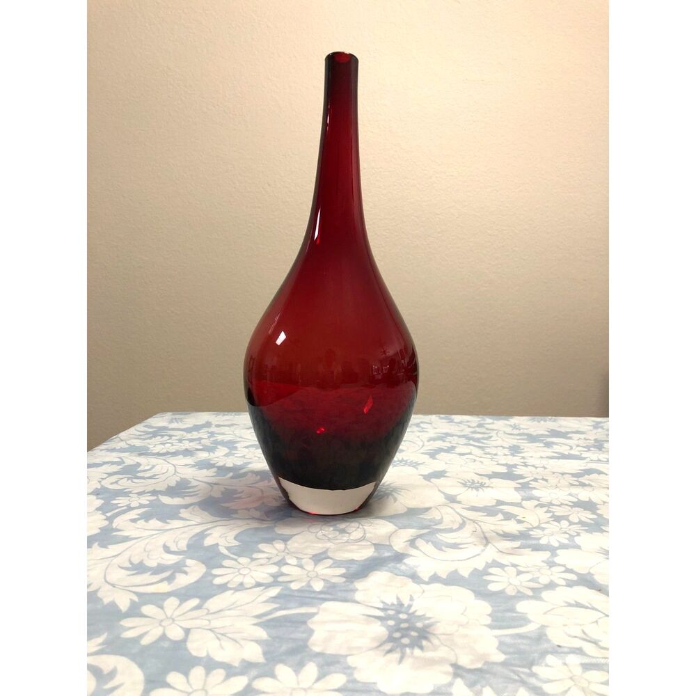 Vintage IKEA Salong Ruby Red Art Glass Vase Johanna Jelinek 12.5” MCM Bud Blown